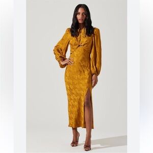 ASTR The Label Suzy Floral Cutout Long Sleeve Golden Silky Midi Dress